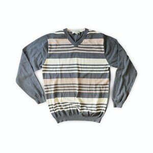 PRONTO UOMO Men's Sweater Gray Stripe Cotton Cashmere V-neck Sweater Size XL T